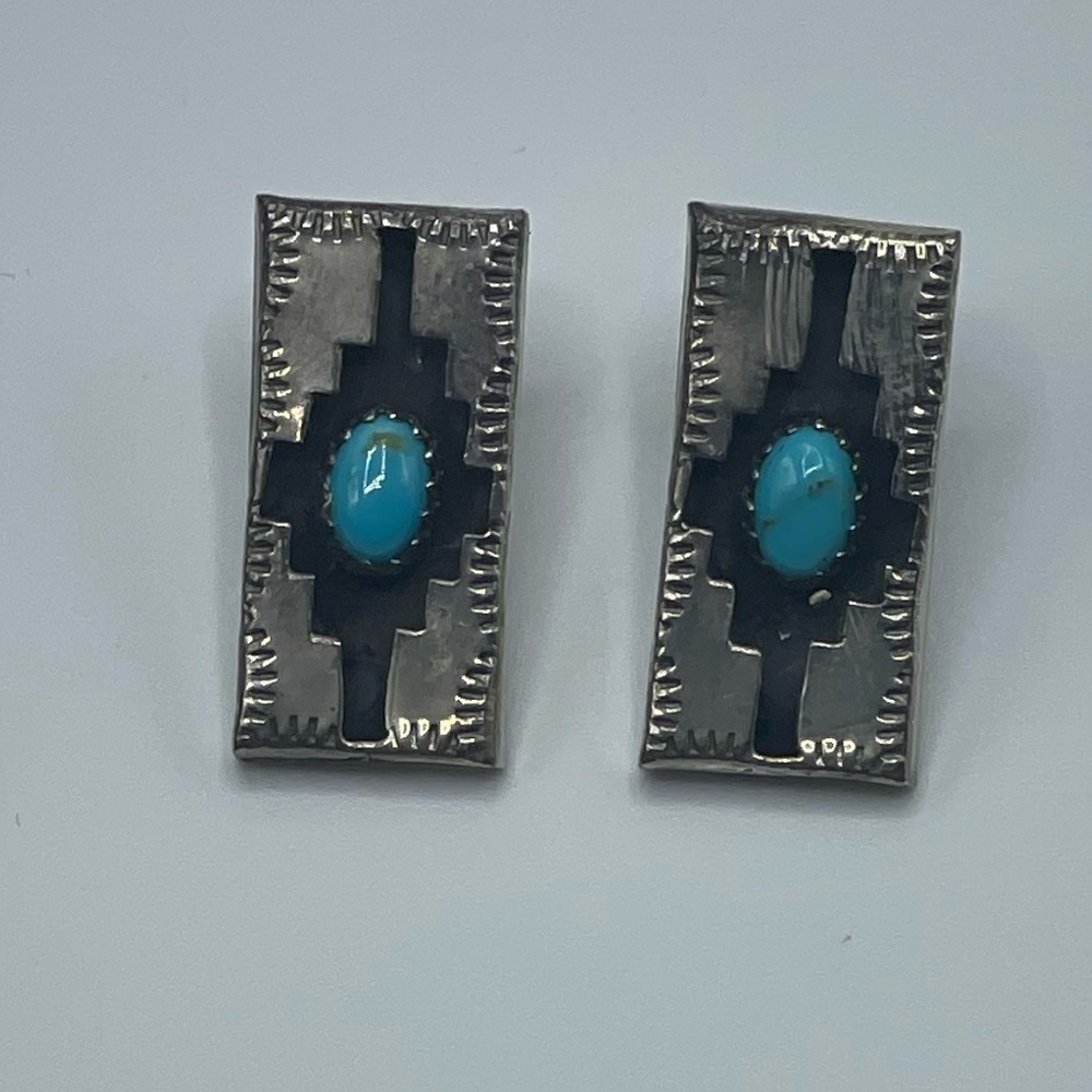 Turquoise And Silver Rectangular Earrings - image 2